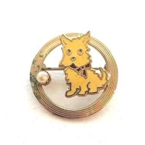 Vintage Circle Brooch Pin Metal Enamel Puppy Dog Faux Pearl Patina Scottie 70s